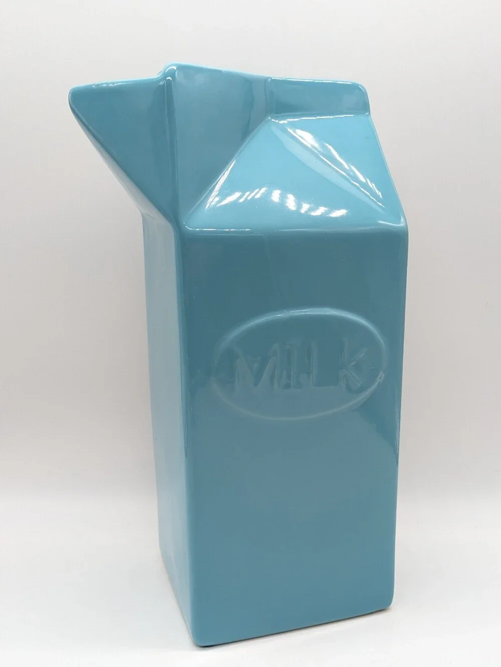 Large Blue Ceramic Novelty Milk Carton Vase